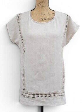 Alessia Pacini Coastal 100% Beige Linen Crochet-Trim Short Sleeve Blouse, Size L